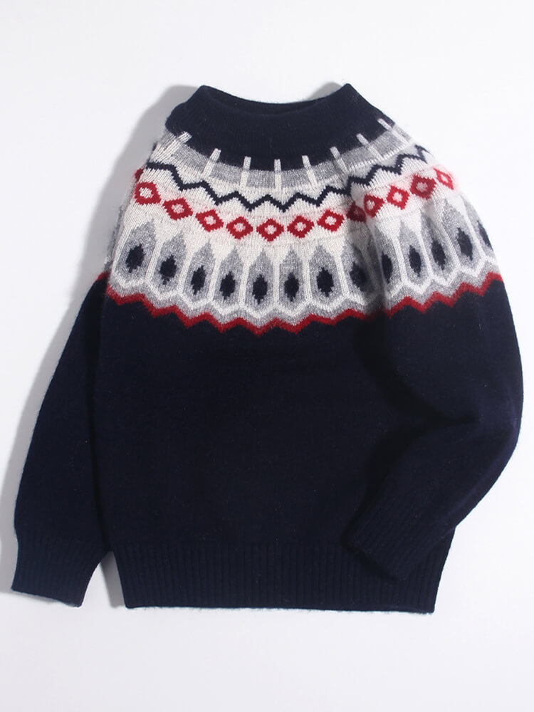 Kids Nordic Pattern Fair Isle Cashmere Crewneck Pullover Sweater